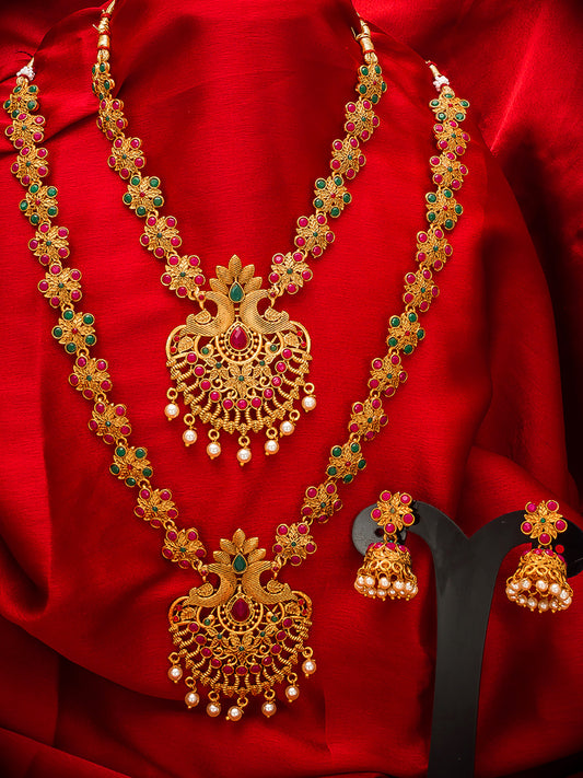 Aadita Traditional Temple Haram Dual Necklace Set With Stones And Jhumka Earrings