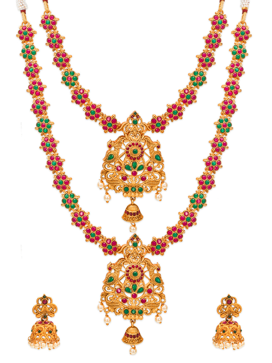 Aadita Antique Gold Temple Dual Floral Chain Necklace Set With Stones Pearl Drops And Jhumka Earrings