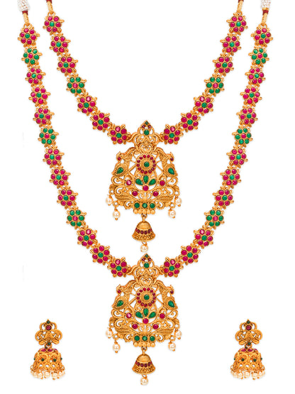 Aadita Antique Gold Temple Dual Floral Chain Necklace Set With Stones Pearl Drops And Jhumka Earrings