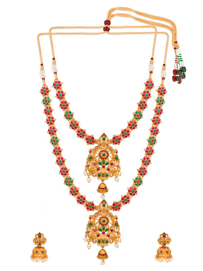 Aadita Antique Gold Temple Dual Floral Chain Necklace Set With Stones Pearl Drops And Jhumka Earrings