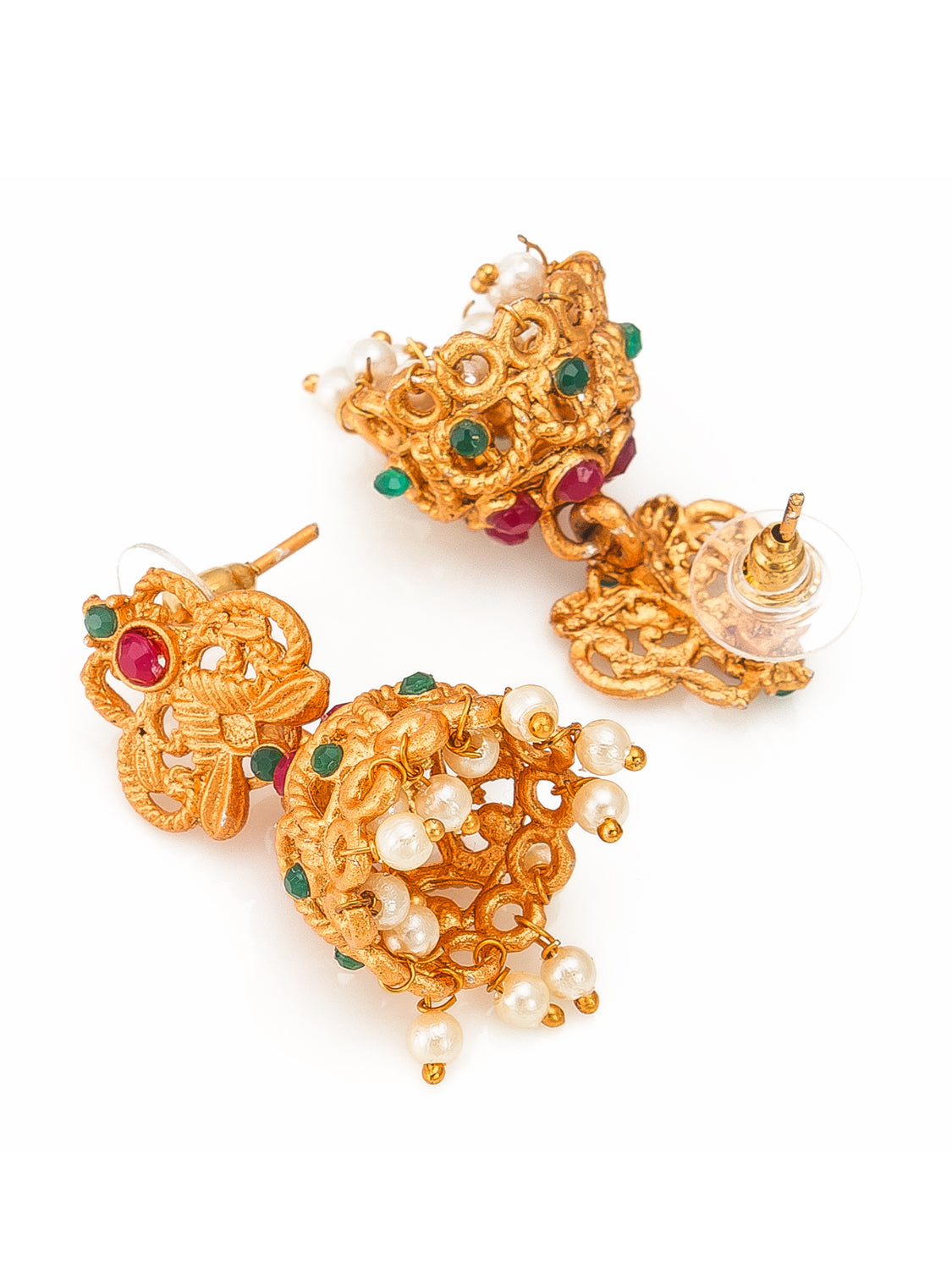 Aadita Antique Gold Temple Dual Floral Chain Necklace Set With Stones Pearl Drops And Jhumka Earrings