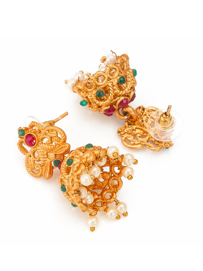 Aadita Antique Gold Temple Dual Floral Chain Necklace Set With Stones Pearl Drops And Jhumka Earrings