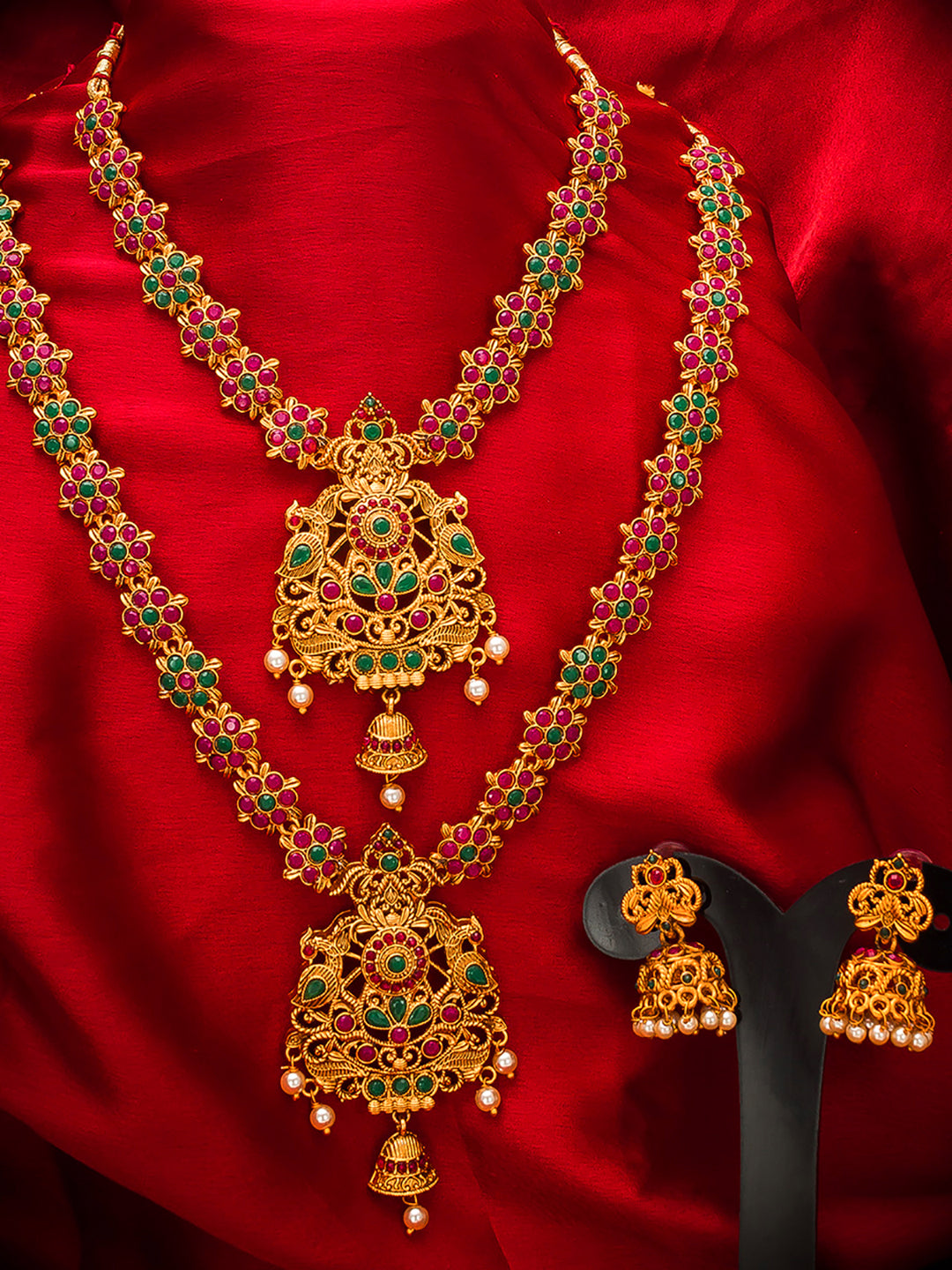 Aadita Antique Gold Temple Dual Floral Chain Necklace Set With Stones Pearl Drops And Jhumka Earrings