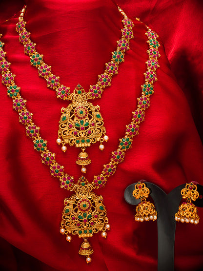 Aadita Antique Gold Temple Dual Floral Chain Necklace Set With Stones Pearl Drops And Jhumka Earrings