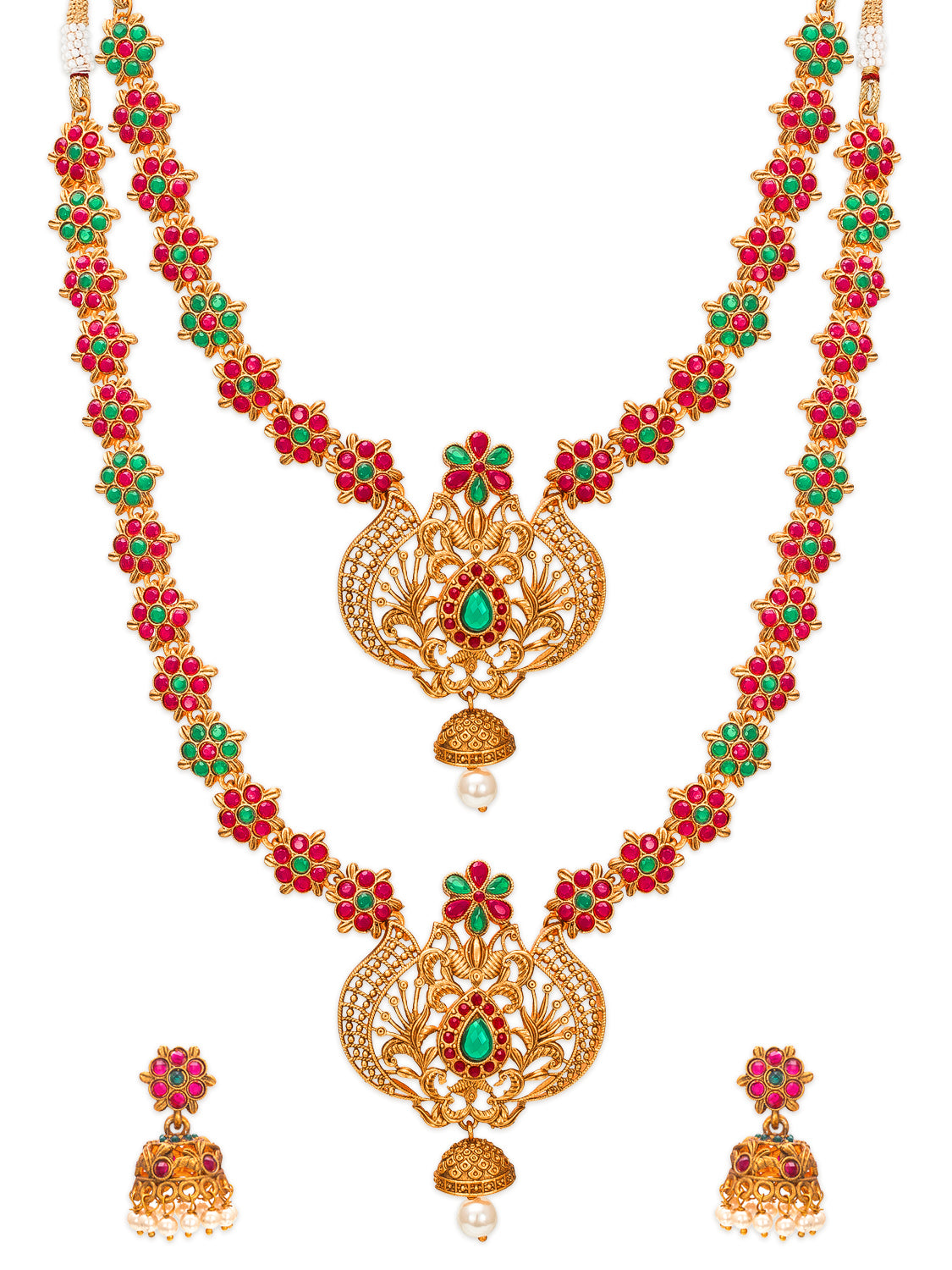 Aadita Antique Gold Floral Temple Haram Dual Necklace Set with Peacock Pendant, Stones and Jhumka Earrings