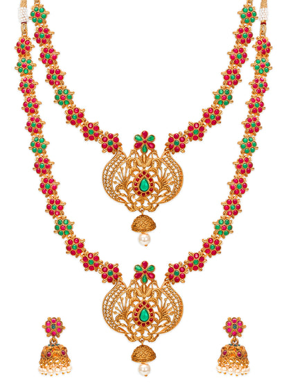 Aadita Antique Gold Floral Temple Haram Dual Necklace Set with Peacock Pendant, Stones and Jhumka Earrings