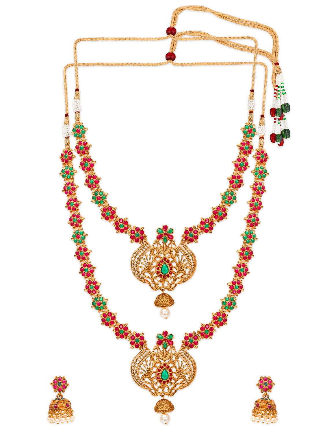 Aadita Antique Gold Floral Temple Haram Dual Necklace Set with Peacock Pendant, Stones and Jhumka Earrings
