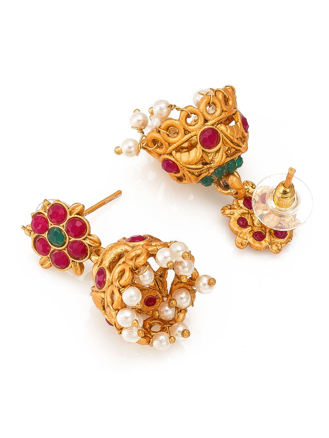 Aadita Antique Gold Floral Temple Haram Dual Necklace Set with Peacock Pendant, Stones and Jhumka Earrings