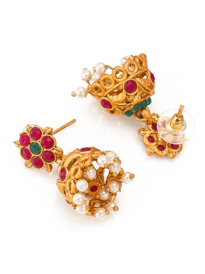 Aadita Antique Gold Floral Temple Haram Dual Necklace Set with Peacock Pendant, Stones and Jhumka Earrings