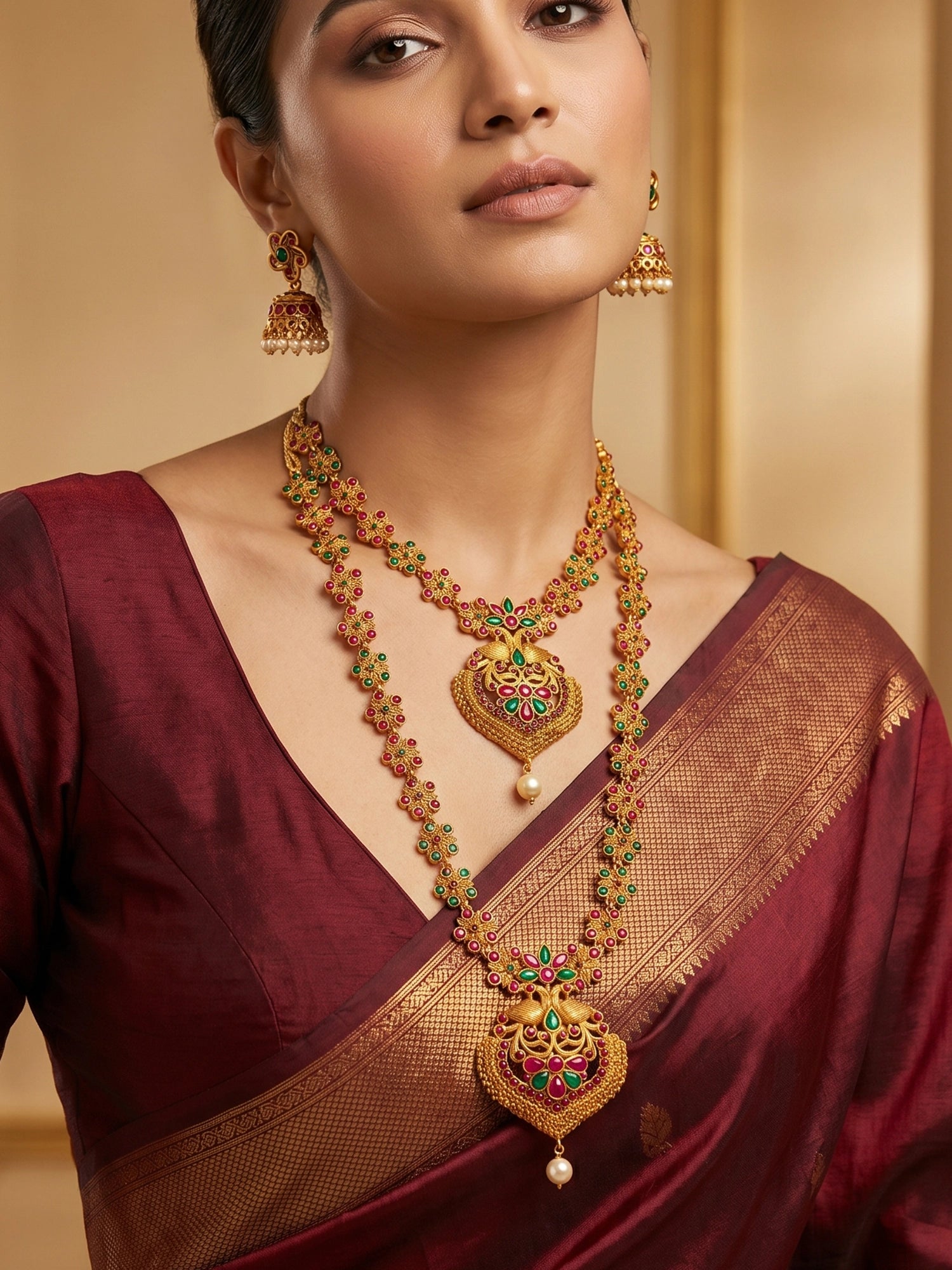 Aadita Gold-Tone Ruby and Emerald Double Layer Haram Necklace Set with Jhumka Earrings