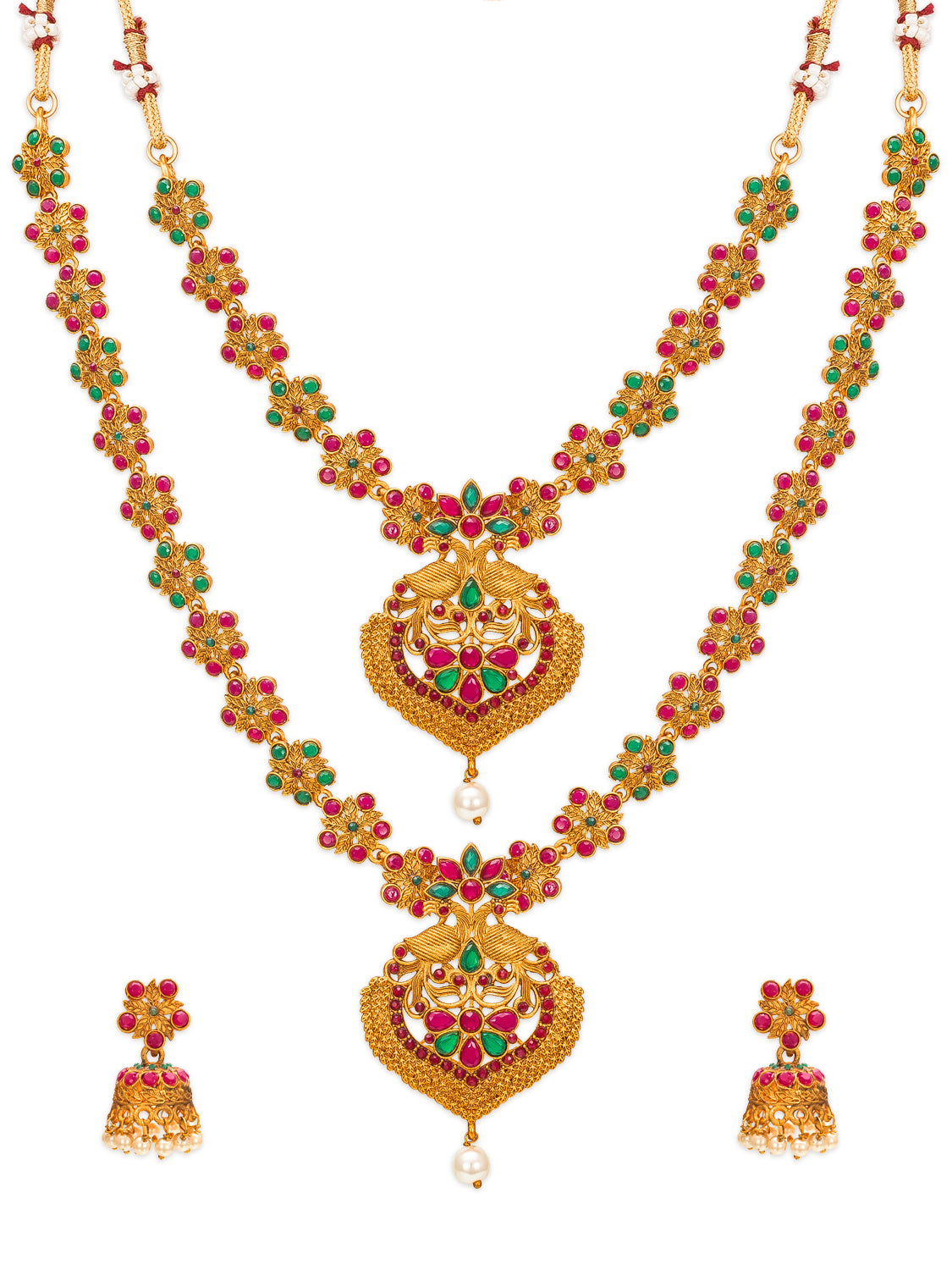 Aadita Gold-Tone Ruby and Emerald Double Layer Haram Necklace Set with Jhumka Earrings
