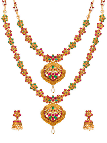 Aadita Gold-Tone Ruby and Emerald Double Layer Haram Necklace Set with Jhumka Earrings