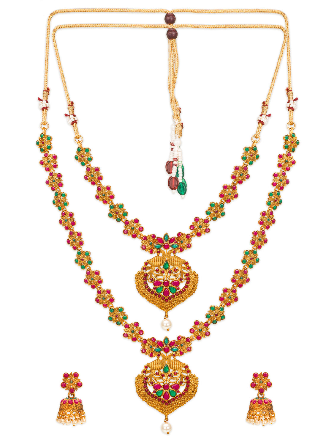 Aadita Gold-Tone Ruby and Emerald Double Layer Haram Necklace Set with Jhumka Earrings