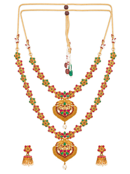 Aadita Gold-Tone Ruby and Emerald Double Layer Haram Necklace Set with Jhumka Earrings