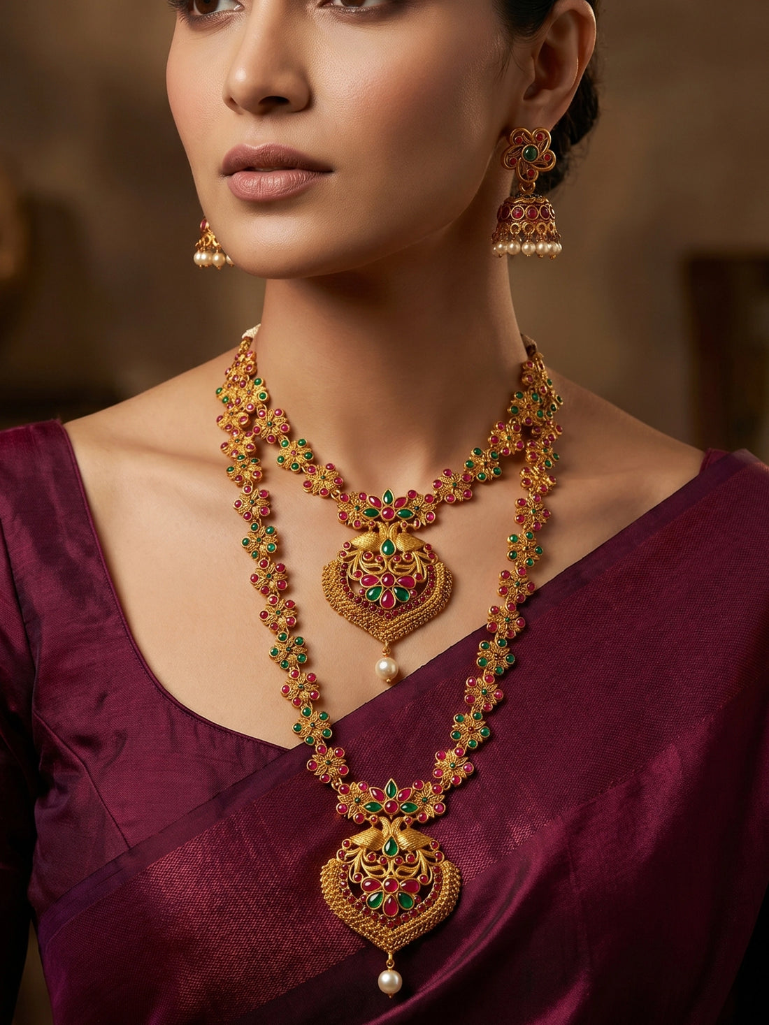 Aadita Gold-Tone Ruby and Emerald Double Layer Haram Necklace Set with Jhumka Earrings