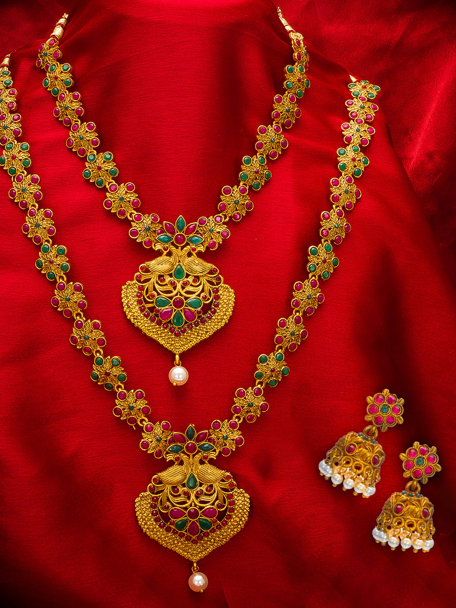 Aadita Gold-Tone Ruby and Emerald Double Layer Haram Necklace Set with Jhumka Earrings