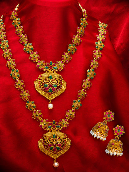 Aadita Gold-Tone Ruby and Emerald Double Layer Haram Necklace Set with Jhumka Earrings