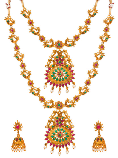Aadita Gold-Tone Peacock Double Layer Haram Necklace Set with Emerald Stones and Jhumka Earrings