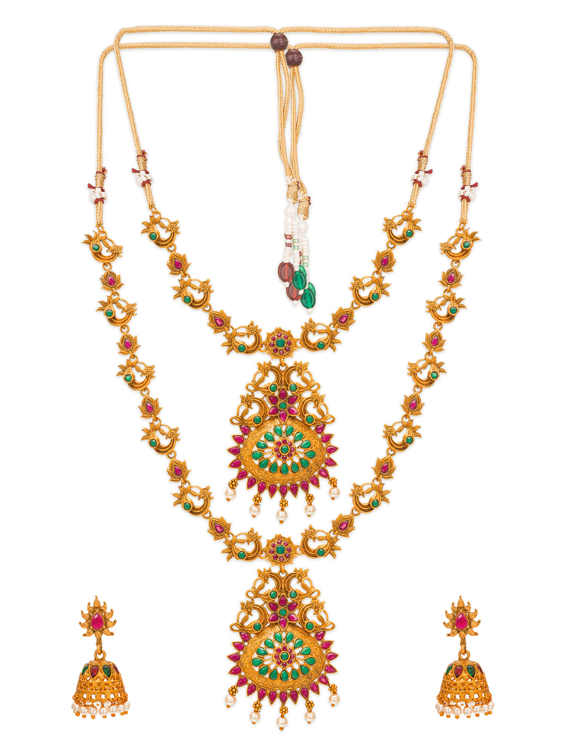 Aadita Gold-Tone Peacock Double Layer Haram Necklace Set with Emerald Stones and Jhumka Earrings