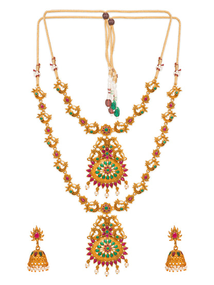 Aadita Gold-Tone Peacock Double Layer Haram Necklace Set with Emerald Stones and Jhumka Earrings