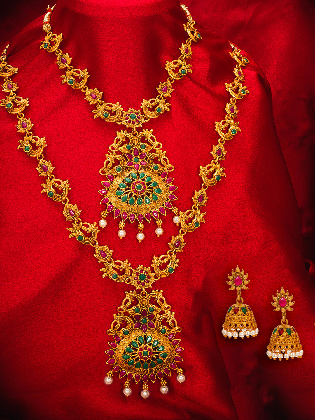 Aadita Gold-Tone Peacock Double Layer Haram Necklace Set with Emerald Stones and Jhumka Earrings