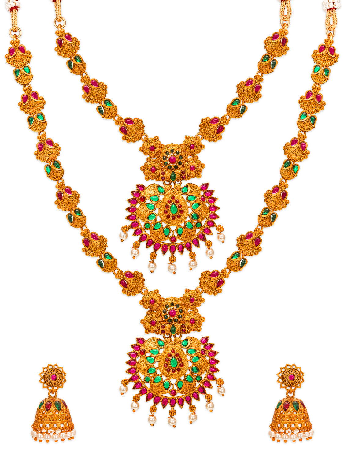 Aadita Antique Gold Short & Long Haram Dual Necklace Set with Pendant and Jhumka Earrings