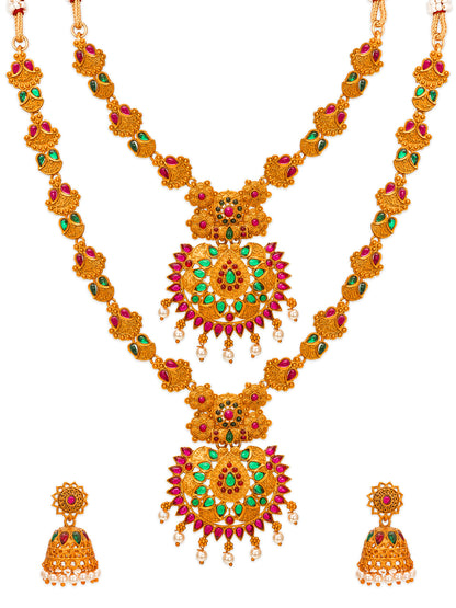 Aadita Antique Gold Short & Long Haram Dual Necklace Set with Pendant and Jhumka Earrings