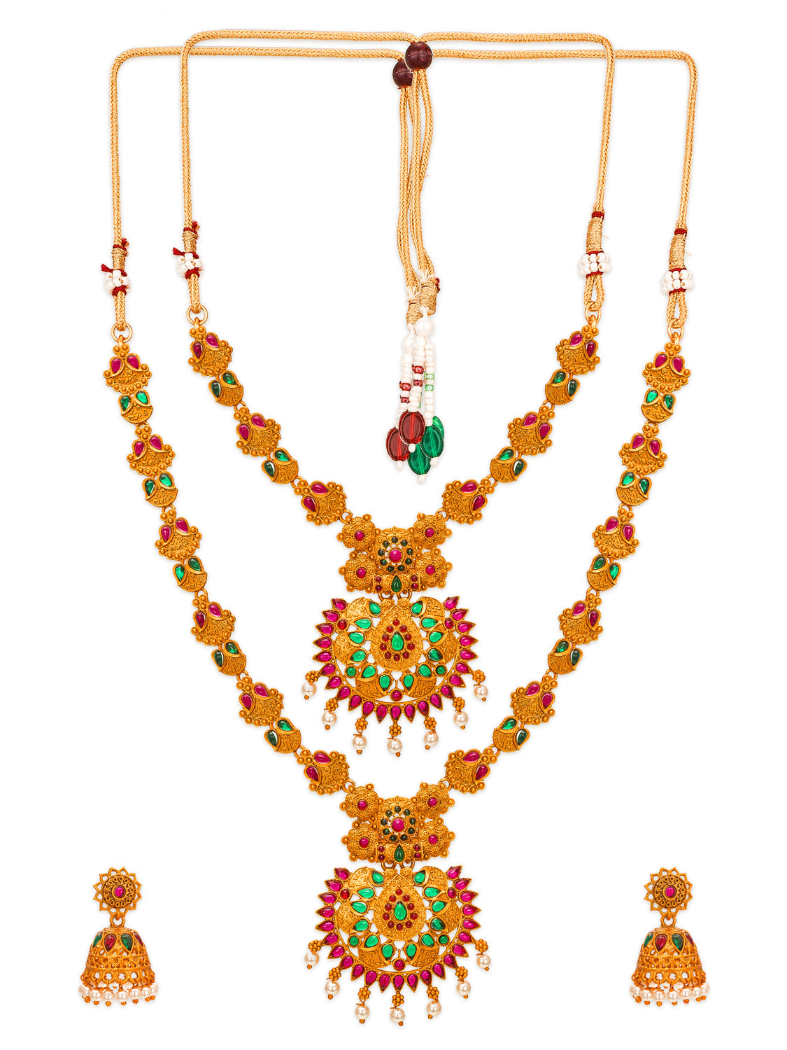 Aadita Antique Gold Short & Long Haram Dual Necklace Set with Pendant and Jhumka Earrings