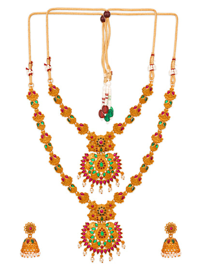 Aadita Antique Gold Short & Long Haram Dual Necklace Set with Pendant and Jhumka Earrings