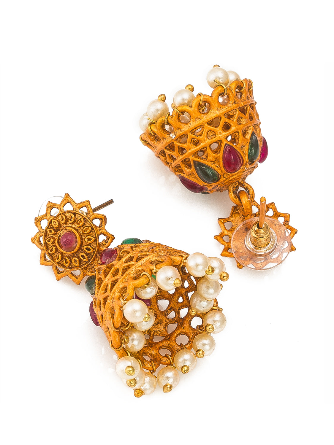 Aadita Antique Gold Short & Long Haram Dual Necklace Set with Pendant and Jhumka Earrings