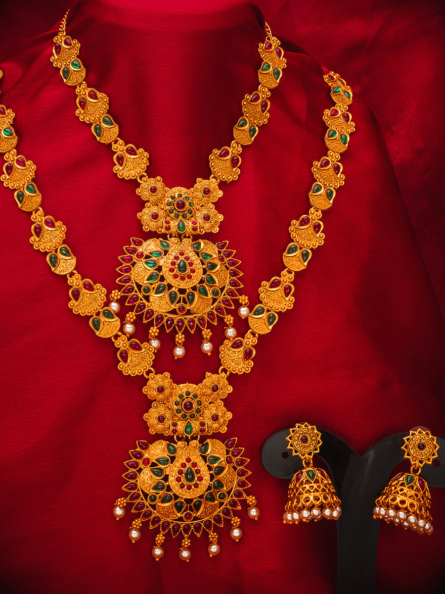 Aadita Antique Gold Short & Long Haram Dual Necklace Set with Pendant and Jhumka Earrings