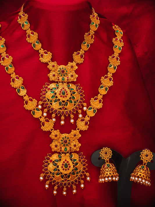 Aadita Antique Gold Short & Long Haram Dual Necklace Set with Pendant and Jhumka Earrings