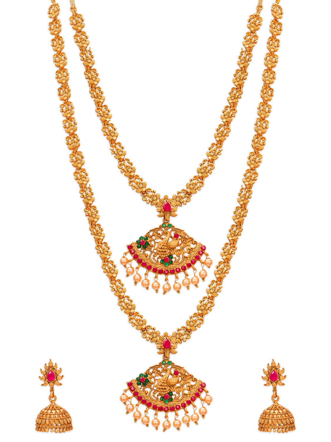 Aadita Gold-Plated Temple Stones And Pearl Drops Haram Dual Necklace Set With Jhumka Earrings
