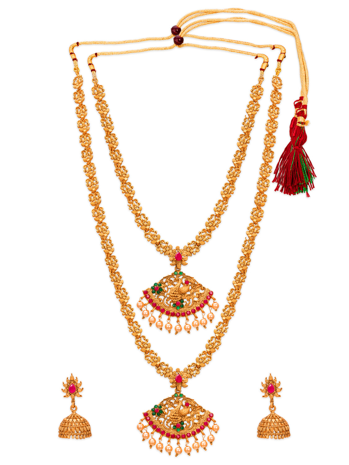 Aadita Gold-Plated Temple Stones And Pearl Drops Haram Dual Necklace Set With Jhumka Earrings