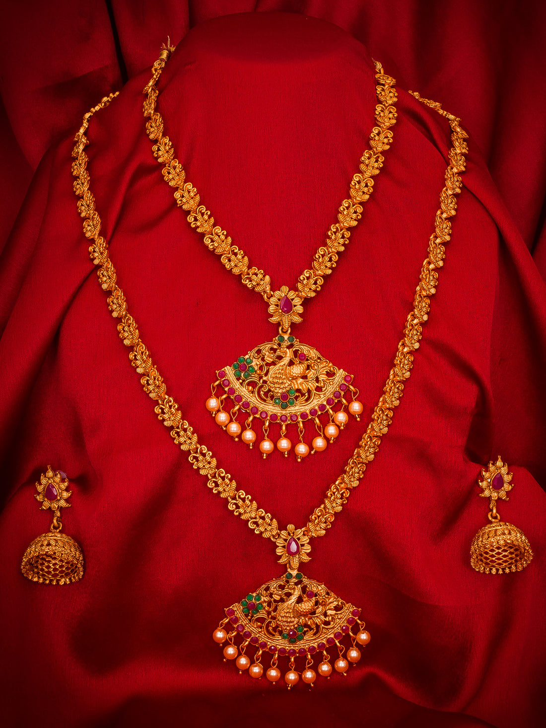 Aadita Gold-Plated Temple Stones And Pearl Drops Haram Dual Necklace Set With Jhumka Earrings