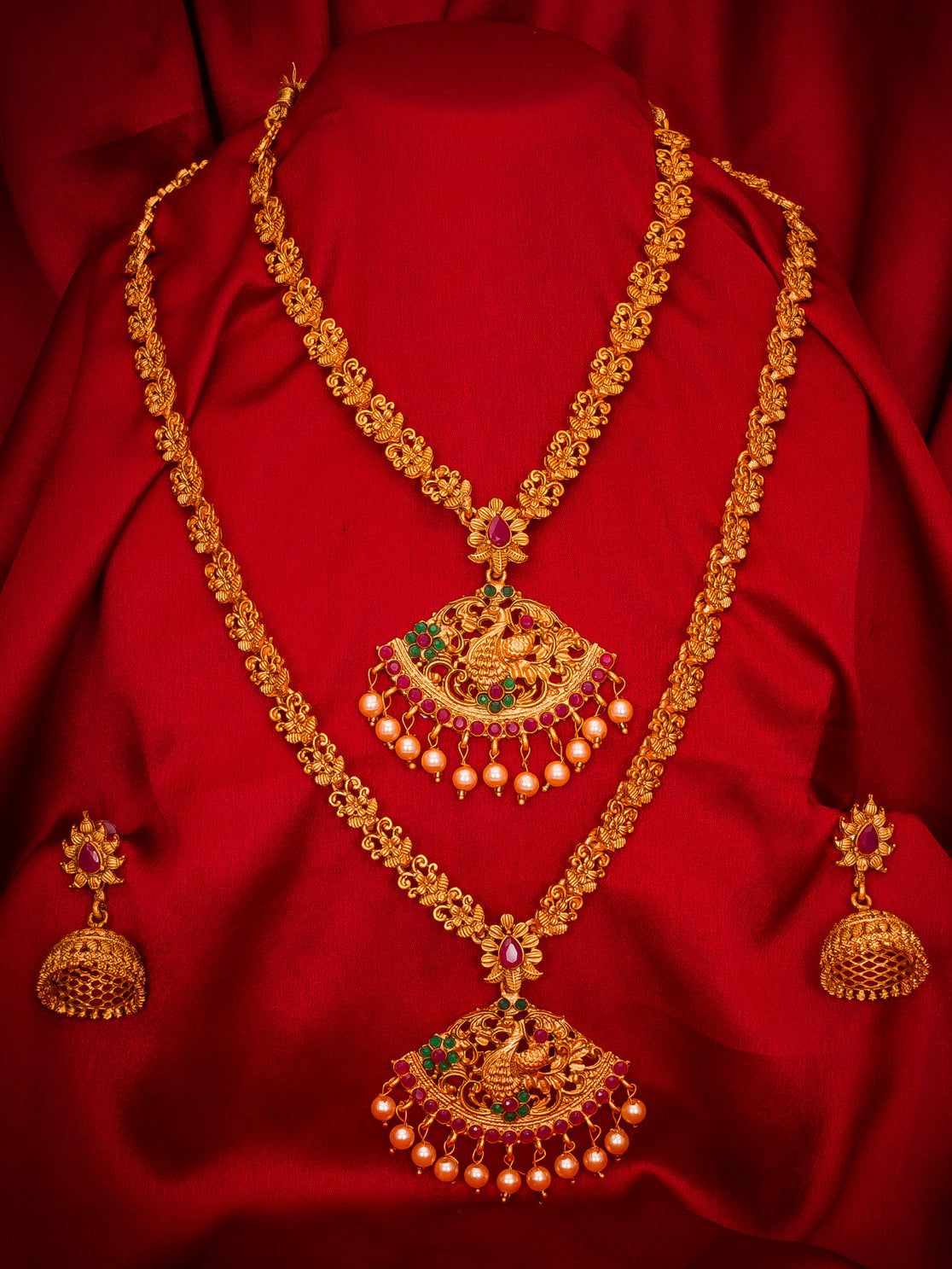 Aadita Gold-Plated Temple Stones And Pearl Drops Haram Dual Necklace Set With Jhumka Earrings