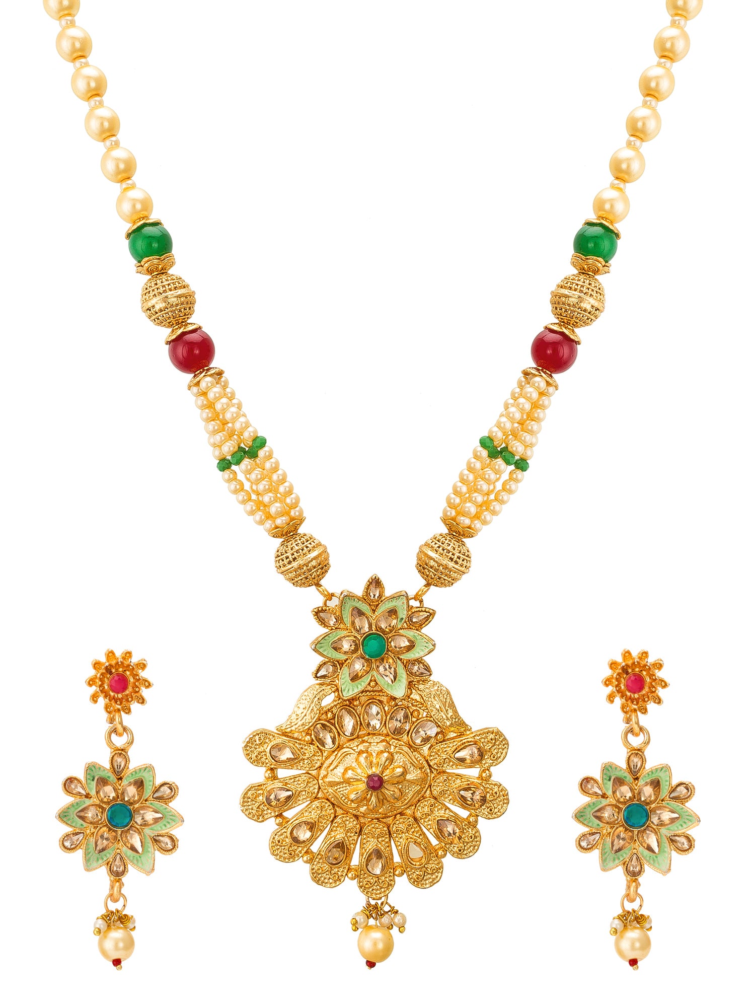 Aadita Wedding Wear Gold Tone Kundan Pendant Long Necklace Set with Pearl and Multicolour Bead Chain and Floral Drop Earrings