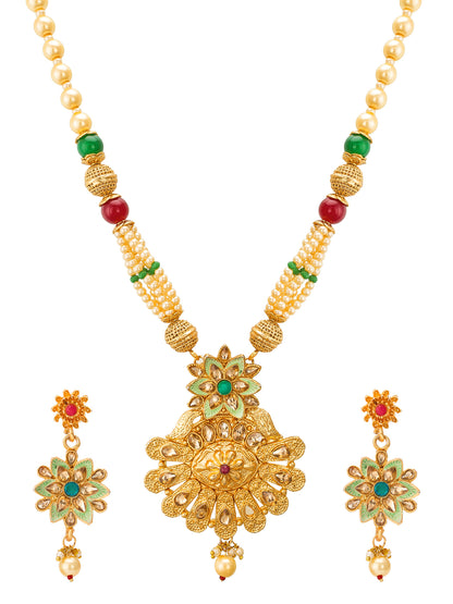 Aadita Wedding Wear Gold Tone Kundan Pendant Long Necklace Set with Pearl and Multicolour Bead Chain and Floral Drop Earrings