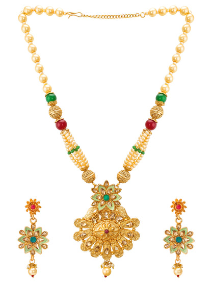 Aadita Wedding Wear Gold Tone Kundan Pendant Long Necklace Set with Pearl and Multicolour Bead Chain and Floral Drop Earrings