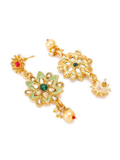 Aadita Wedding Wear Gold Tone Kundan Pendant Long Necklace Set with Pearl and Multicolour Bead Chain and Floral Drop Earrings