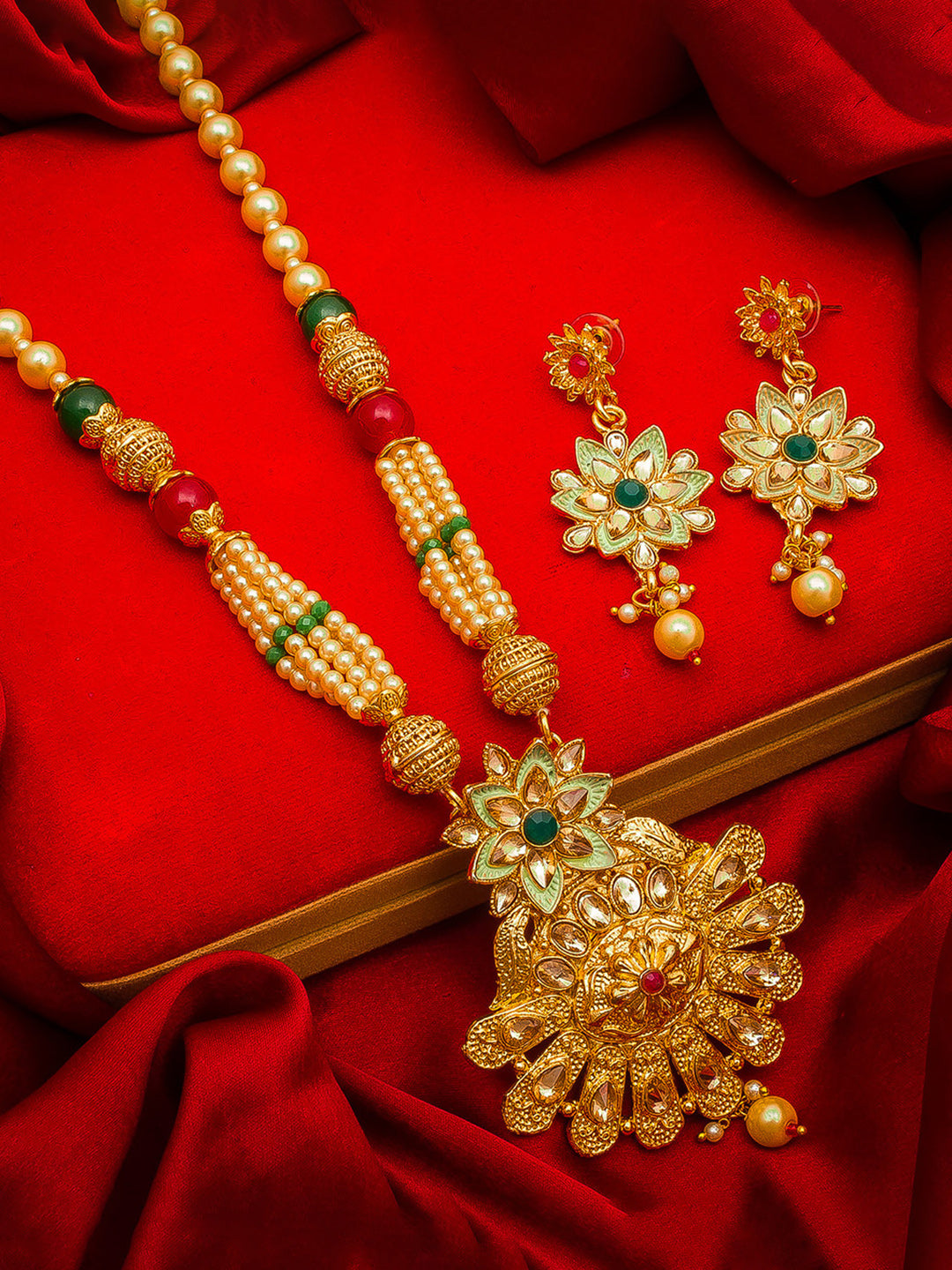 Aadita Wedding Wear Gold Tone Kundan Pendant Long Necklace Set with Pearl and Multicolour Bead Chain and Floral Drop Earrings