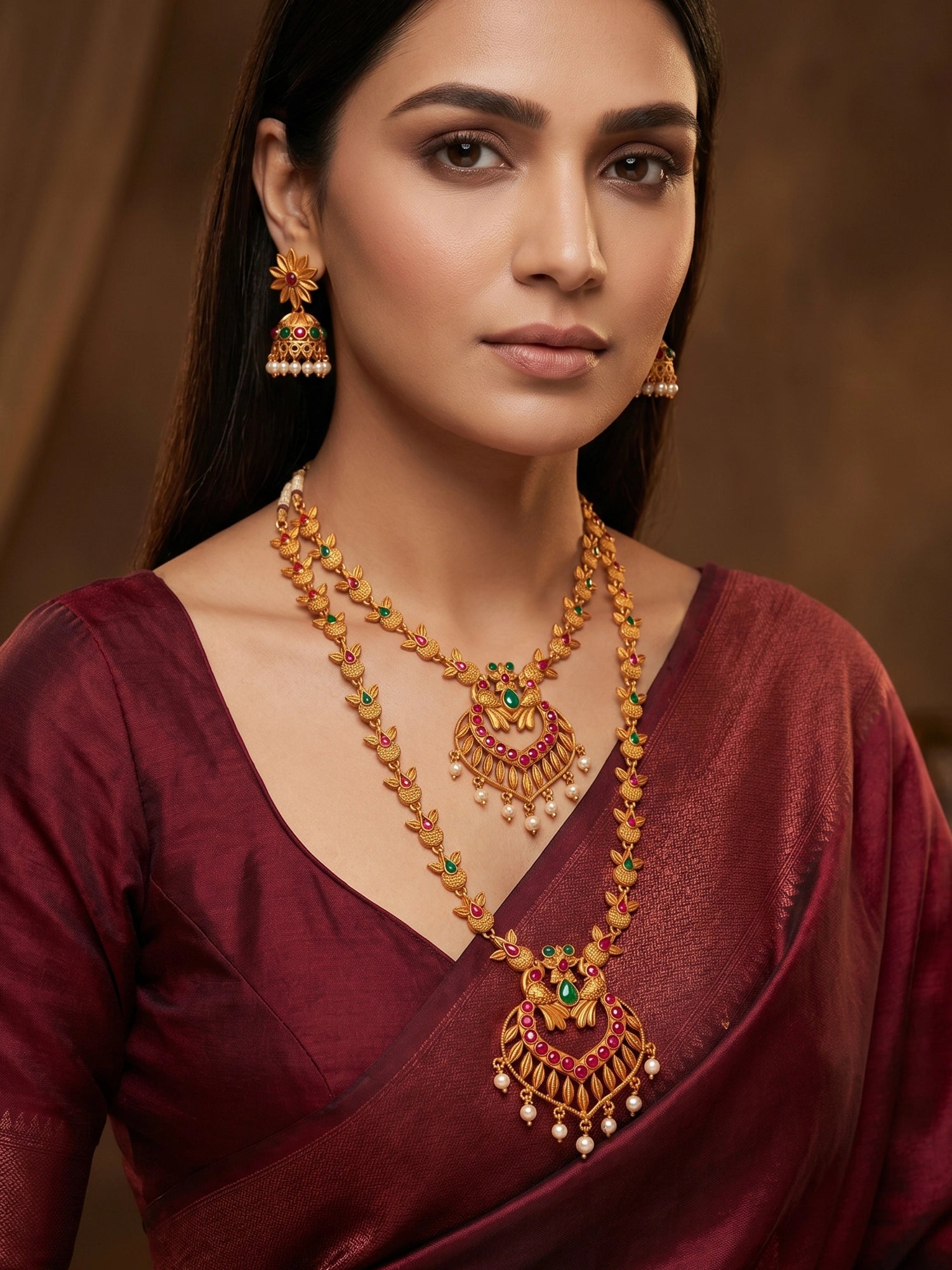 Aadita Antique Gold Temple Necklace Set With Dual Peacock Chandbali Pendants, Stones and Pearl Drops With Earrings