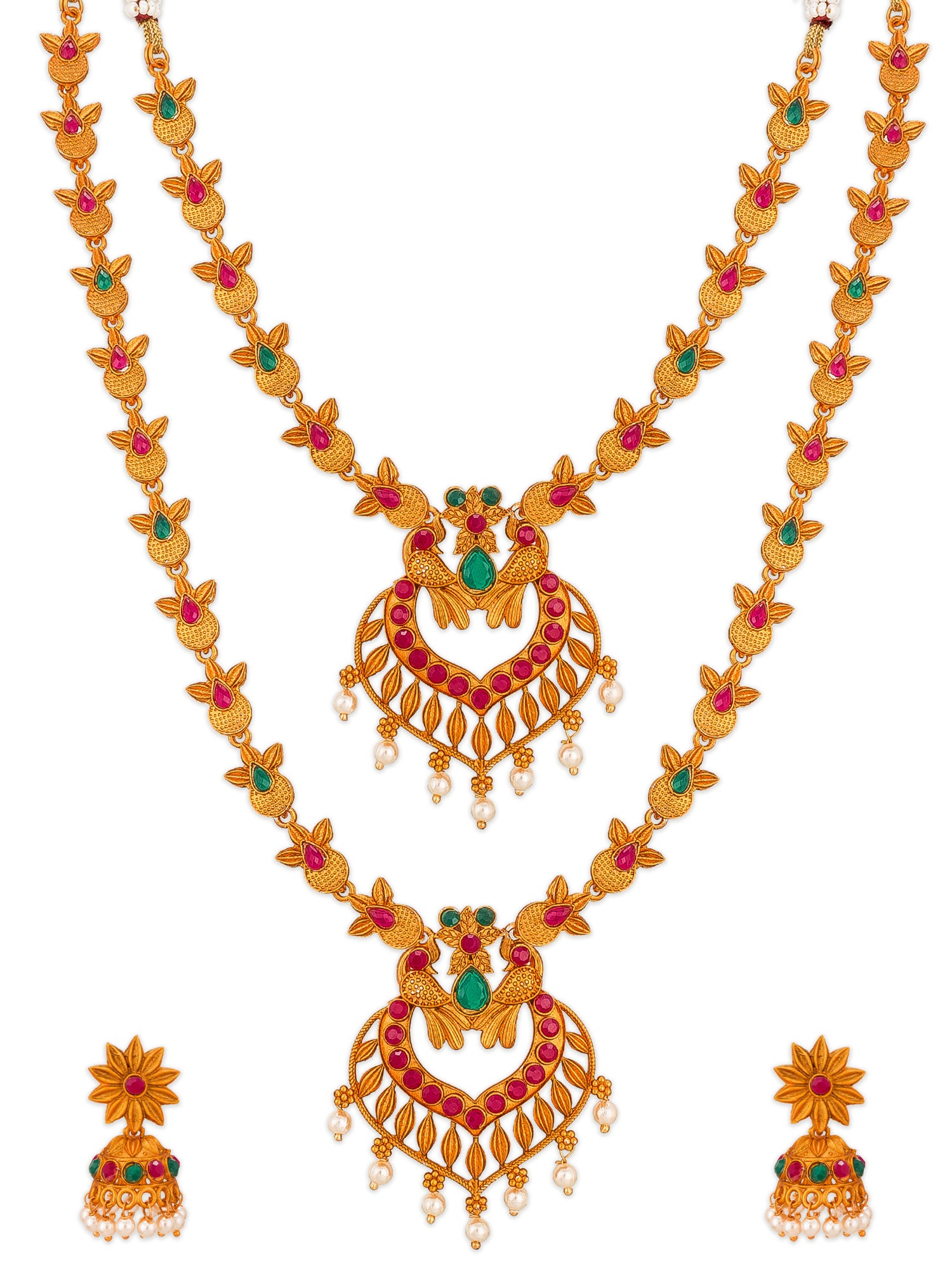 Aadita Antique Gold Temple Necklace Set With Dual Peacock Chandbali Pendants, Stones and Pearl Drops With Earrings