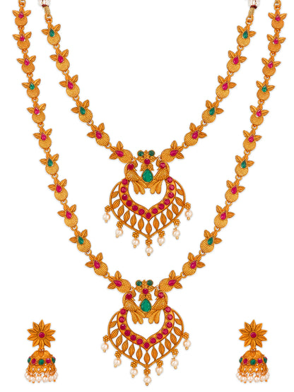 Aadita Antique Gold Temple Necklace Set With Dual Peacock Chandbali Pendants, Stones and Pearl Drops With Earrings