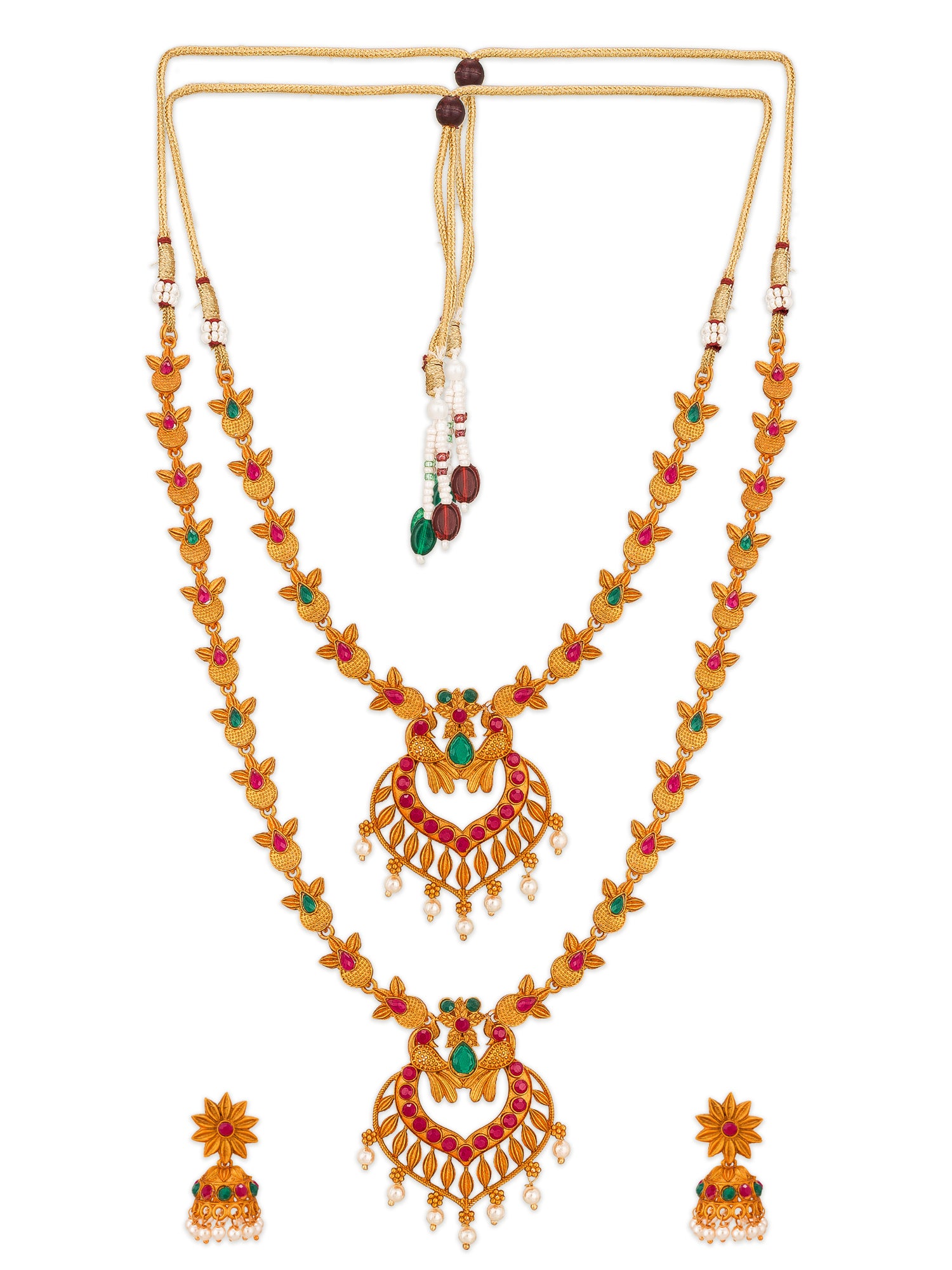 Aadita Antique Gold Temple Necklace Set With Dual Peacock Chandbali Pendants, Stones and Pearl Drops With Earrings