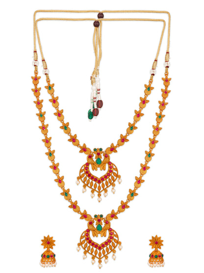 Aadita Antique Gold Temple Necklace Set With Dual Peacock Chandbali Pendants, Stones and Pearl Drops With Earrings