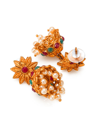 Aadita Antique Gold Temple Necklace Set With Dual Peacock Chandbali Pendants, Stones and Pearl Drops With Earrings