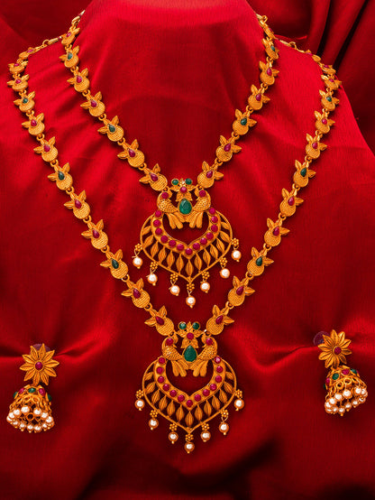 Aadita Antique Gold Temple Necklace Set With Dual Peacock Chandbali Pendants, Stones and Pearl Drops With Earrings