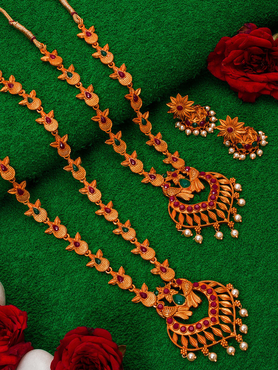 Aadita Antique Gold Temple Necklace Set With Dual Peacock Chandbali Pendants, Stones and Pearl Drops With Earrings