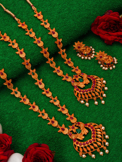 Aadita Antique Gold Temple Necklace Set With Dual Peacock Chandbali Pendants, Stones and Pearl Drops With Earrings